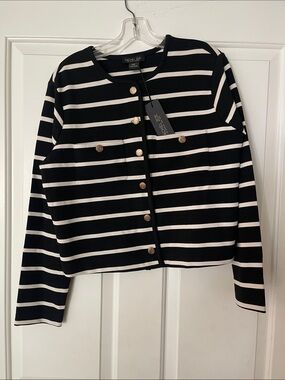 Rachel Zoe Black & White Striped Gold-Button Cropped Jacket